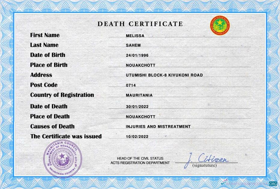 Download Mauritania vital record death certificate PSD template Photoshop template